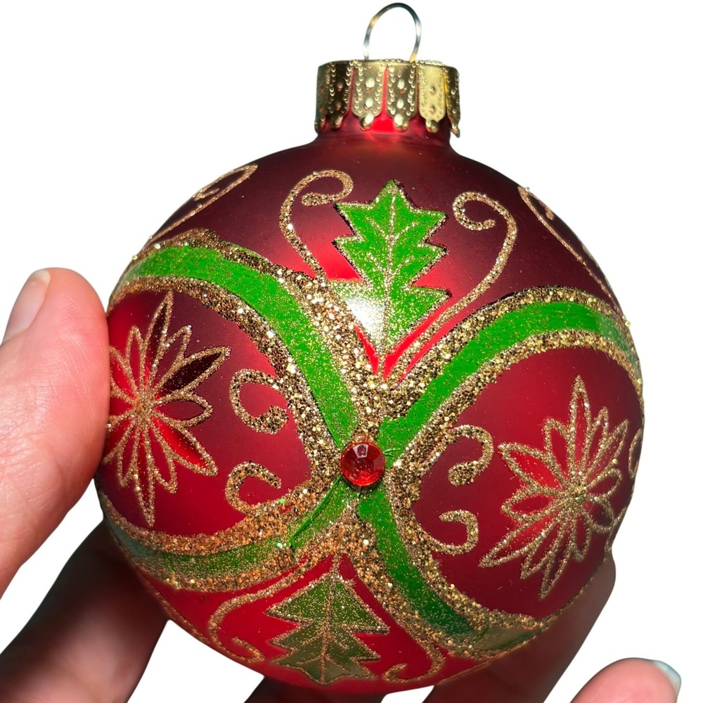 Christmas Ornament Red Vintage‎ Glass Holly Gold Glitter 4"
